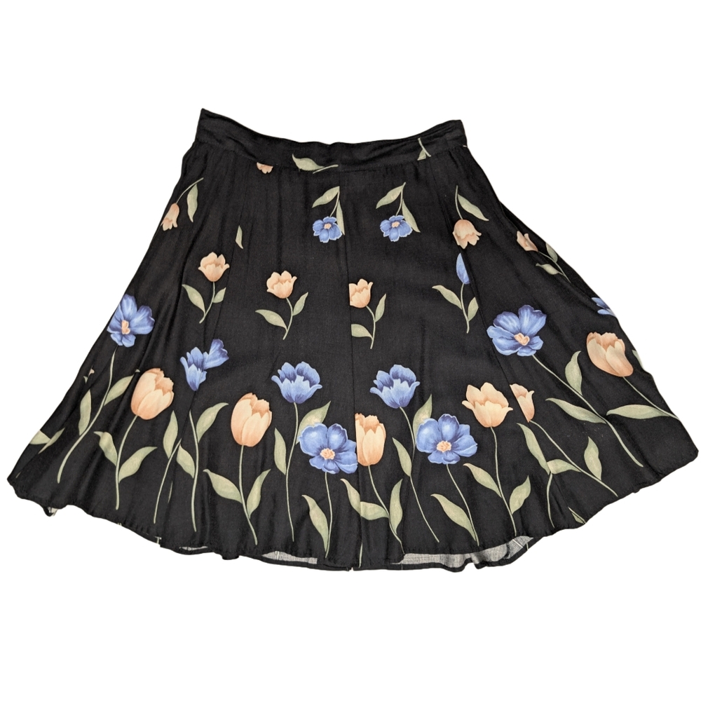 Vintage Young Scene Women's Small Black Pastel Tulip‎ Floral A Line Skater Skirt